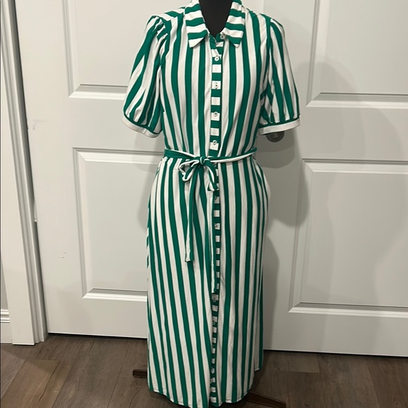 Boden Libby Green Stripe Button Down Shirtdress Tie Belt Dress Midi Size 12R - Picture 2 of 11
